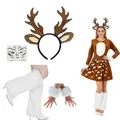 Reindeer Christmas costume set with brown dress antler headband and furry leg warmers - White Leg Cover Set