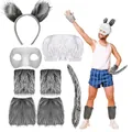 Grey wolf costume set for adults featuring ears headband, white mask and furry tail - Leg Cover 6-Piece Set / Gray
