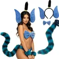 Handmade blue striped plush animal ears headband and fluffy tail cosplay accessory set - 3-Piece Blue Ear Tail And Bowtie Set