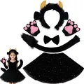 Kids Halloween black bull costume set with horn headband paw gloves and sequin tutu skirt. - 5-Piece Set (Kids) / Black