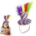 Sparkling rainbow mini top hat headband with colorful feathers for birthday party outfits - Mini Top Hat Headband / Feather Rainbow Color
