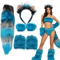 Complete handmade teal faux fur animal ears and long fox tail cosplay costume set - 6-Piece Blue Plush Full Costume Set