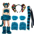 Blue plush cosplay set with checkered beast ears and striped tail accessory for SKU display - 6-Piece Multicolor Ear Plush Costume Set