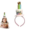 Pink plush birthday cake headband with colorful candle toppers and birthday embroidery - Pink Three Candles