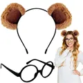 Cute brown plush bear ear headband and round black decorative glasses frame set. - Panda Headband And Glasses Set