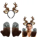 Brown Christmas reindeer antler headband and fuzzy hoof gloves costume set for parties - Gloves and Headband Set