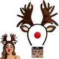 Ensemble de serre-tête bois de renne avec nez rouge et stickers visage pour Noël - Ensemble / Ensemble trois pièces / Marron