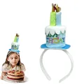 Cute blue plush birthday cake headband for kids featuring Happy Birthday embroidery design - Blue Three Candles