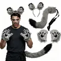 Set professionale di orecchie e coda di lupo grigio con guanti a zampa per cosplay - Grigio-Nero Combinazione 3 Pezzi