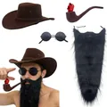 4pcs Western cowboy costume set with hat, long beard, round sunglasses and pipe. - Cowboy Costume 4-Piece Set / Black (Beard)