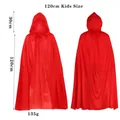 Red hooded cloak for children, 120cm length, showing front and back views with specs - 120cm Children Cape / 120cm / Red