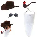 Western cowboy costume set with brown hat, sunglasses, pipe, and long white beard - Cowboy Costume 4-Piece Set / White (Beard)