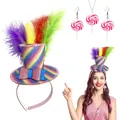 Rainbow mini top hat headband with feathers and lollipop jewelry set for festival party - Rainbow 3-Piece Set