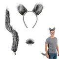 Realistic grey faux fur wolf costume set with ear headband tail and snout - Reindeer Nose Costume Accessories Set / Three-Piece Set / Gray