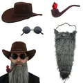 Vintage western cowboy costume set with brown hat, fake beard, round sunglasses and pipe - Cowboy Costume 4-Piece Set / Gray (Beard)