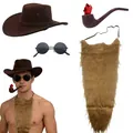 Retro Western cowboy costume accessory set with hat, beard, sunglasses and pipe prop - Cowboy Costume 4-Piece Set / Brown (Beard)