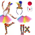 Complete rainbow clown costume set with tutu, striped socks, and hat headband. - Purple 6-Piece Set