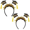 Festive graduation headband featuring gold tinsel stars and mini black grad caps - Sequin Decor