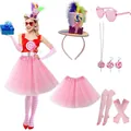 Complete candy theme costume set with pink tutu skirt and rainbow lollipop hat headband - Pink Series 7-Piece Set
