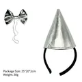 Shiny metallic silver party hat and bow tie accessory set with detailed size measurements - Silver Hat Two-Piece Set