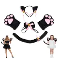 Plush black and pink cat paw gloves with ears and tail costume accessory set for cosplay - Set / Black