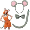 Complete gray plush mouse animal cosplay set featuring ears headband bow tie and tail for adults - Pink 3-Piece Set Grey Bow