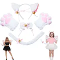 White plush cat girl cosplay costume set including headband, paws, tail, and collar - Set / White