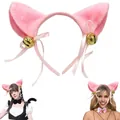 Cute pink plush cat ears headband with golden bells and ribbons for cosplay accessories - Pink With Pink Headband