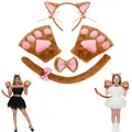 Brown and pink plush cat paw accessory set including ears headband, tail and gloves for cosplay - Set / Brown