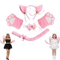 Pink plush cat cosplay accessory set including ears headband cat paw gloves and tail - Set / Pink