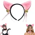 Cute soft pink plush cat ear headband with gold bells and ribbons for cosplay outfits - Pink With Black Headband