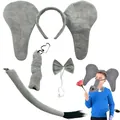 Set cerchietto orecchie di elefante grigio e coda con papillon per costume cosplay di Halloween - Set da 4 Pezzi (Cerchietto+Naso+Farfallino+Coda)
