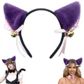Cosplay purple plush cat ear headband featuring gold bells and pink ribbon accents - Purple Headband