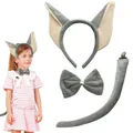 Set serre-tête oreilles d'éléphant en peluche grise avec nœud papillon et queue assortis - Short ears donkey beige three-piece set
