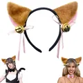 Plush cat ear headband with golden bells and pink ribbons for cosplay party wear. - Brown