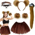Brown furry animal ears and tail cosplay costume set with star tutu skirt for Halloween - Monkey 5-Piece Set (Adult)
