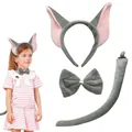 Bandeau d'oreilles d'animaux en peluche grise avec nœud papillon et queue pour enfant - Short-eared donkey headband pink three-piece set