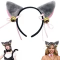 Cute plush gray cat ear headband costume accessory with golden bells and pink ribbons - Grey Headband