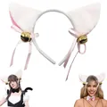 Cute plush cat ear headband with bells and pink ribbons for cosplay costume parties. - White Headband