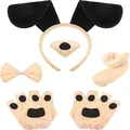 Set serre-tête oreilles de chien en peluche avec nez gants et queue pour Halloween - Ensemble assorti noir et beige
