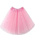 Elegant pink layered tutu skirt featuring silver star sequins and an elastic waistband - 30cm 3-Layer Style / Pink Sequin