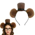 Cute brown plush headband with bear ears and mini top hat for festive party cosplay - 3D Ears With Mini Hat