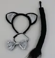 Detail view of 3-piece sequined cat ear headband bow tie and tail set for Halloween - Sequin Cat Set