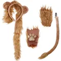 Detailed view of a 4-piece lion costume set including ears headband, tail, and paw glove. - Lion with Scarf Set