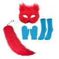 Set cosplay renard rouge et bleu avec masque poilu, queue, mitaines et chaussettes Halloween - Ensemble 4 Pièces Masque