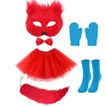 Ensemble de costume de cosplay renard rouge et bleu avec masque, jupe tutu, queue et chaussettes - Masque Ensemble de 6 Pièces
