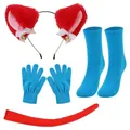 Ensemble complet de cosplay oreilles de renard rouges, gants bleus, chaussettes et queue - Serre-tête en Peluche et Petite Queue Ensemble de 4 Pièces