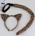 Detailed view of leopard print cat ears headband and plush tail costume accessory set - 2-Piece Leopard Print Set
