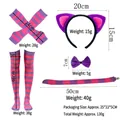 Purple and pink striped cat ear headband, tail, and socks set with dimensions shown. - Set / Five-Piece Set / Purple