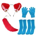 Serre-tête oreilles de renard rouge et queue avec gants et chaussettes bleus pour cosplay - Serre-tête en Peluche et Grande Queue Ensemble de 4 Pièces